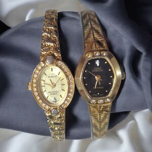 Vintage Bundle 2 Sarah Coventry Gold Etched Diamond CZ Women's Watches Lot Set